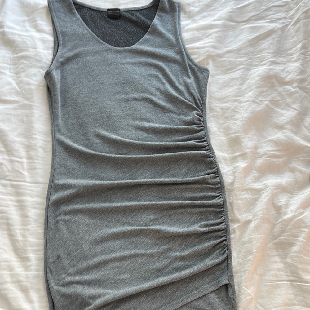 Free Press Gray Bodycon Mini Dress with Ruched Design and Scoop Neck